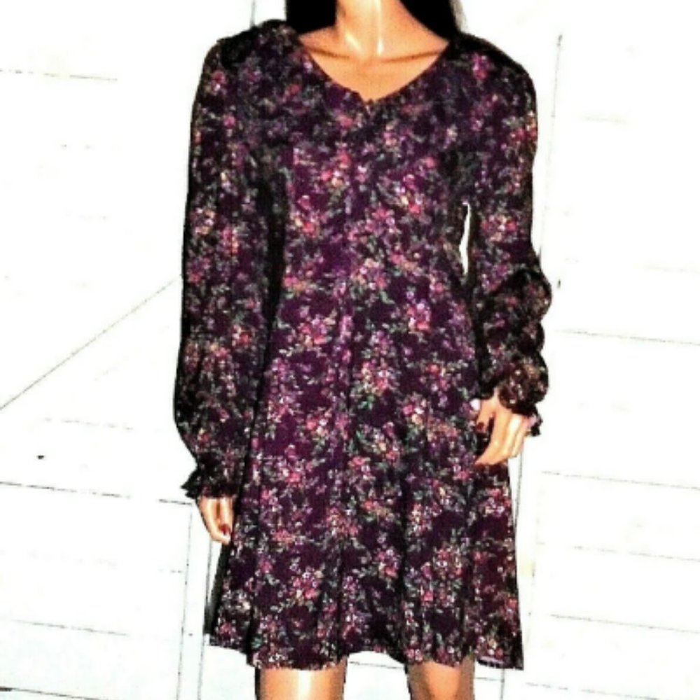 Vintage Hollywood & Vine Burgundy Floral Ruffled Dress M